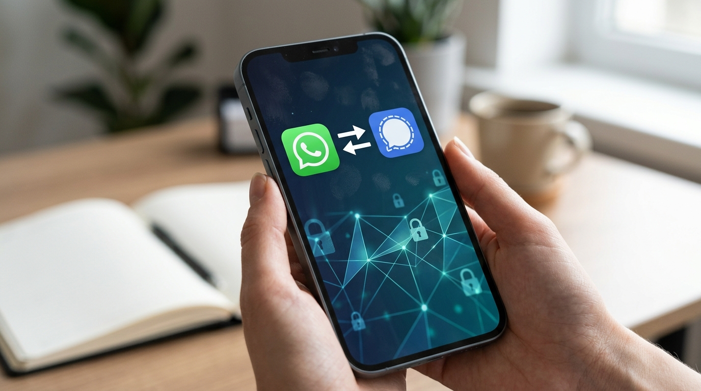 WhatsApp切换到Signal的对比示意图,强调安全通讯